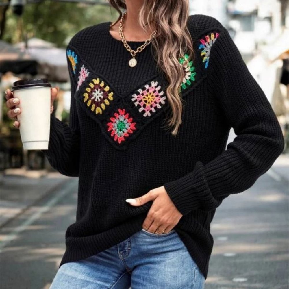 Floral Crochet Detailed round neckline black Ribbed Knit Sweater Top fall winte - Picture 5 of 6
